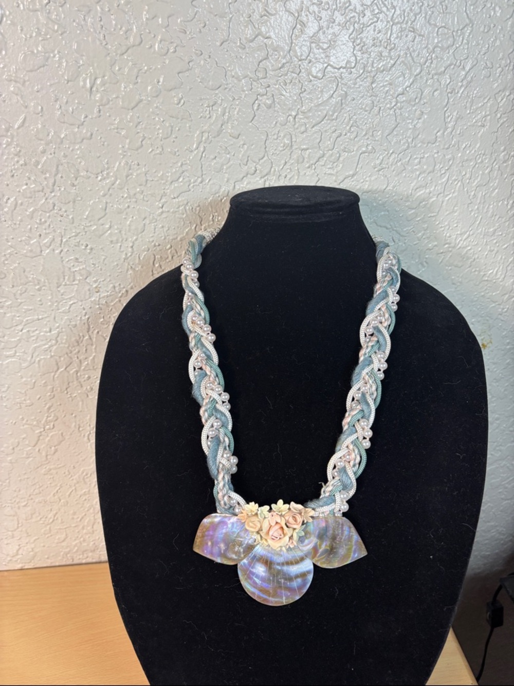 Hand Crafted Iridescent Shell Necklace with Pastel Blue Braided Cord